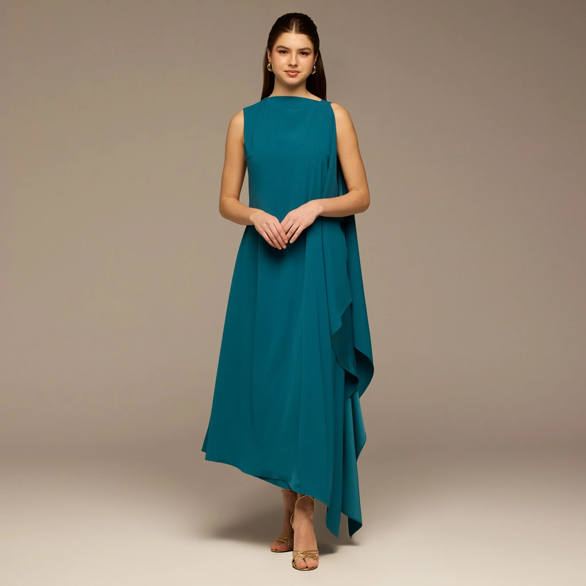 Turquoise Sleeveless Crepe Maxi Dress with Side Scarf