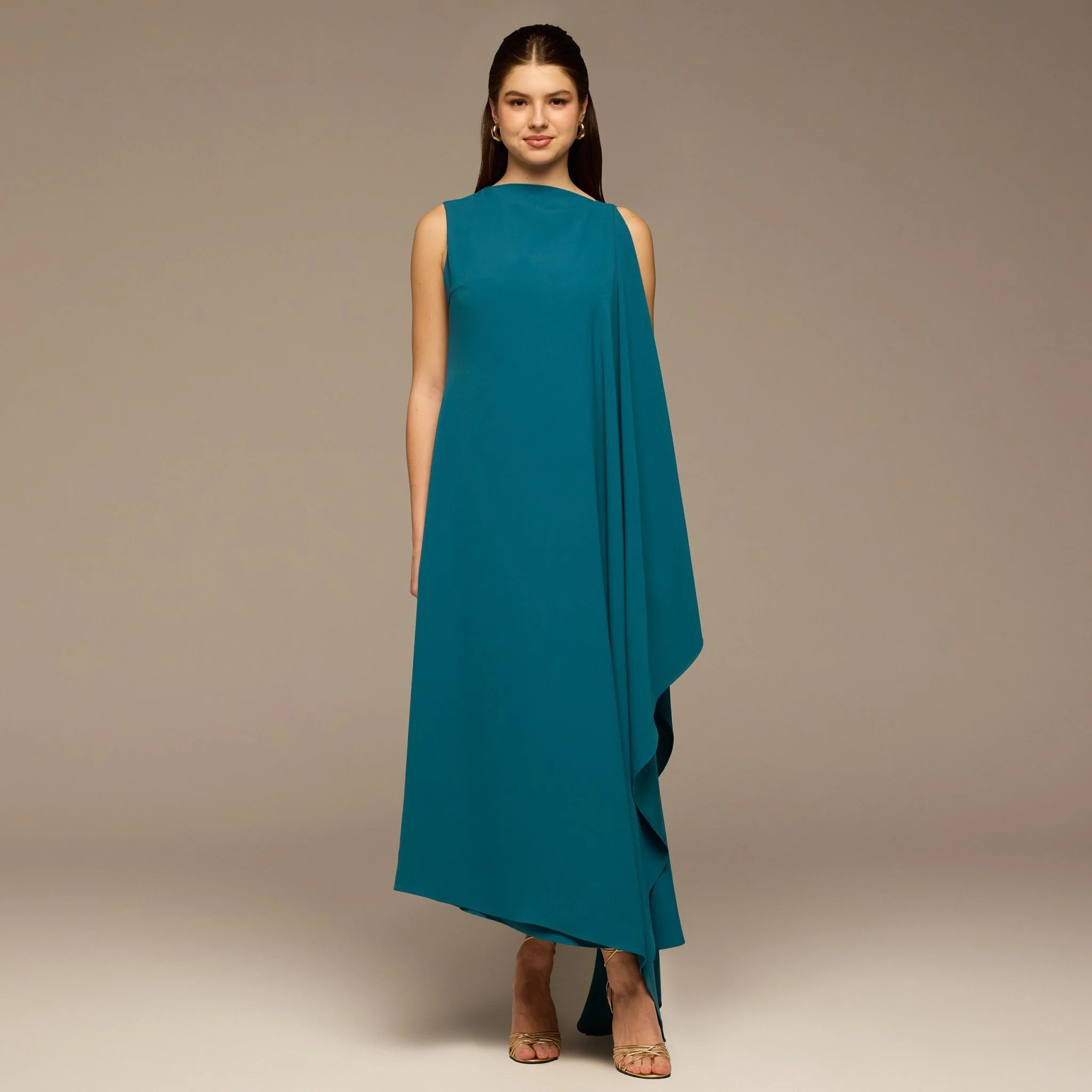 Turquoise Sleeveless Crepe Maxi Dress with Side Scarf - Image 2