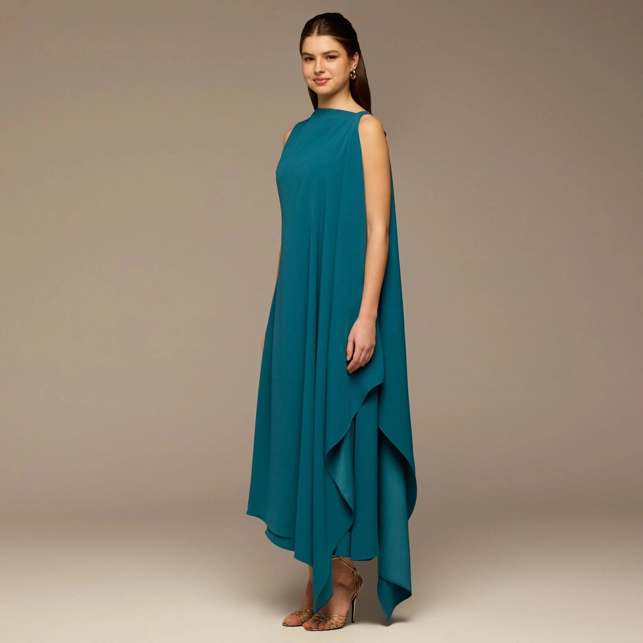 Turquoise Sleeveless Crepe Maxi Dress with Side Scarf - Image 3