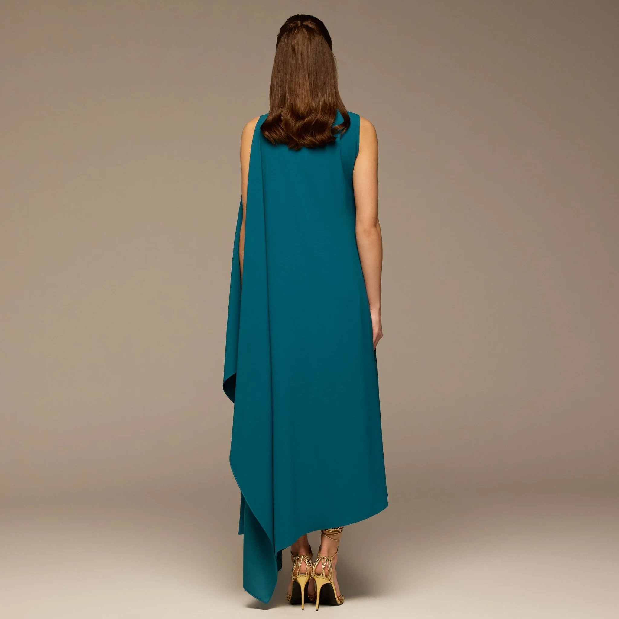 Turquoise Sleeveless Crepe Maxi Dress with Side Scarf - Image 5