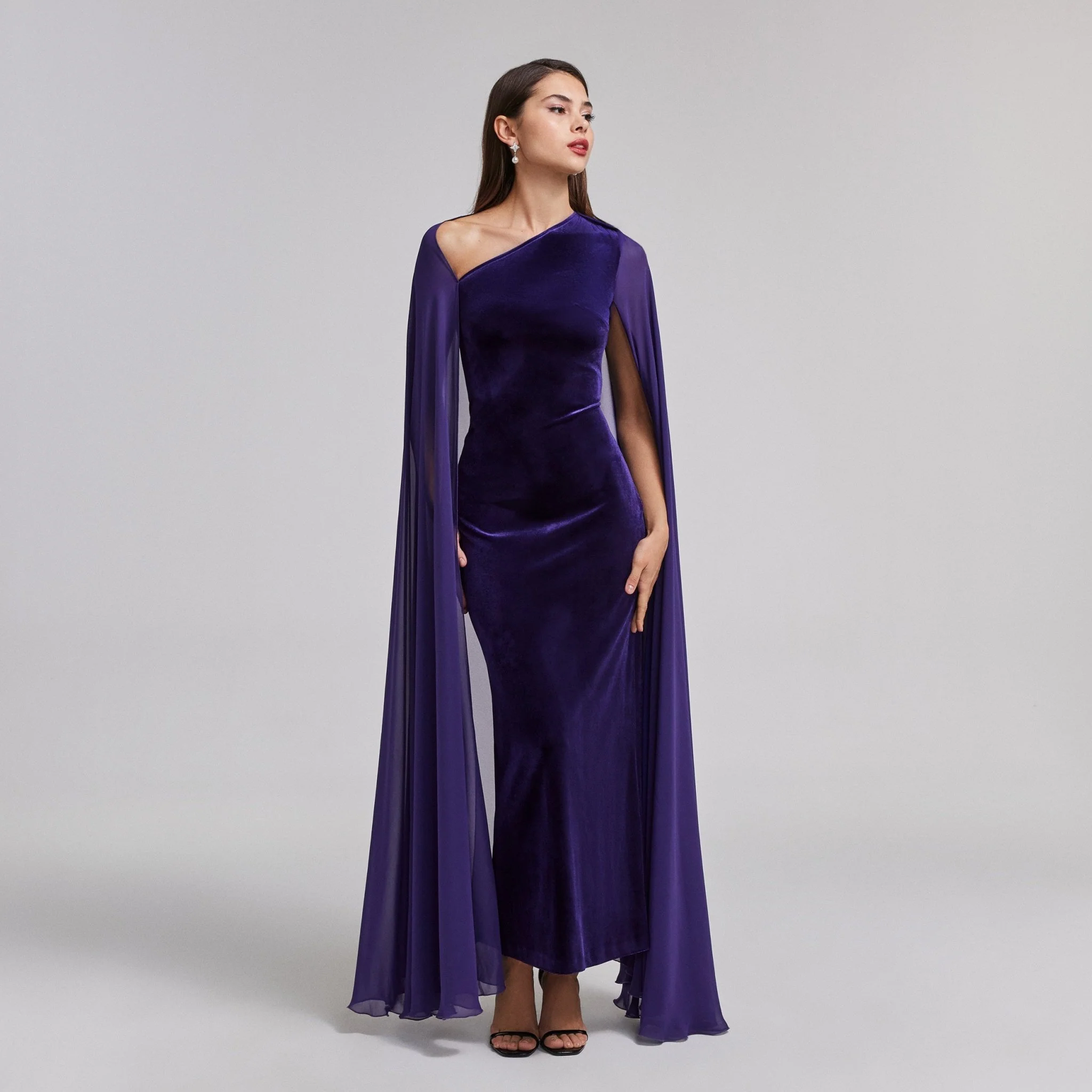 Velvet Maxi Dress with Chiffon Cape - Image 2