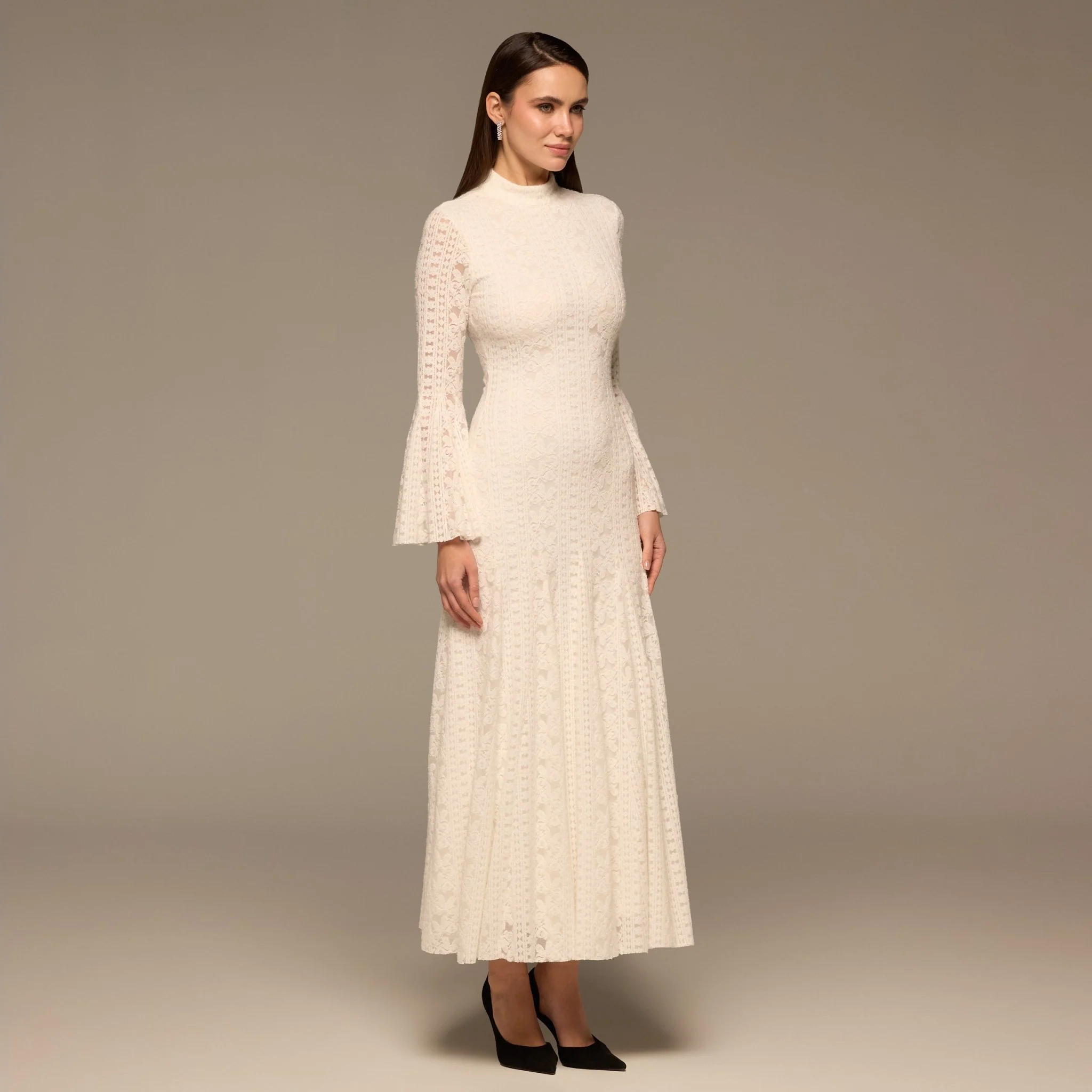 White Long Flared Sleeve Lace Dress - Image 2