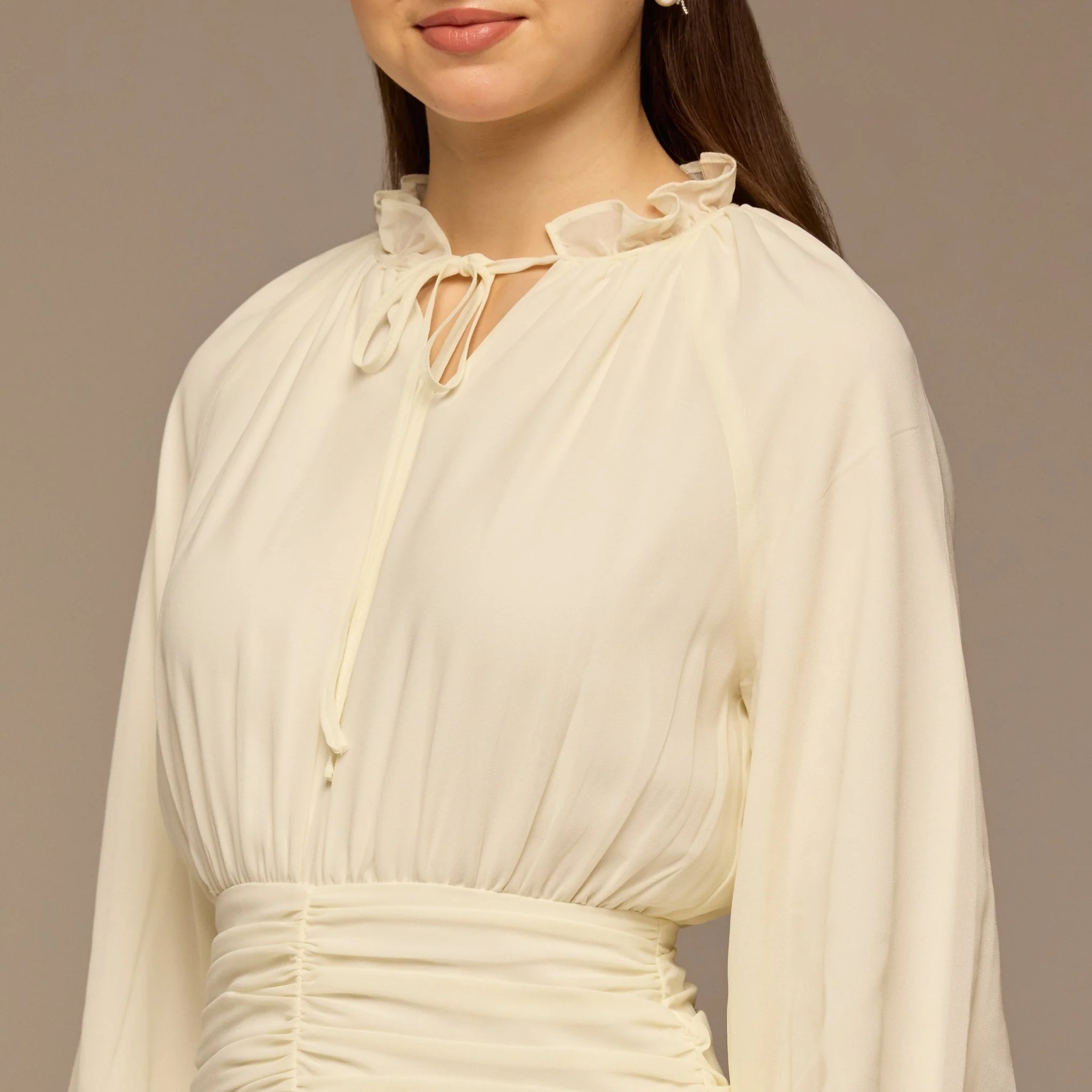 White Chiffon Long-Sleeve Gathered Dress - Image 3