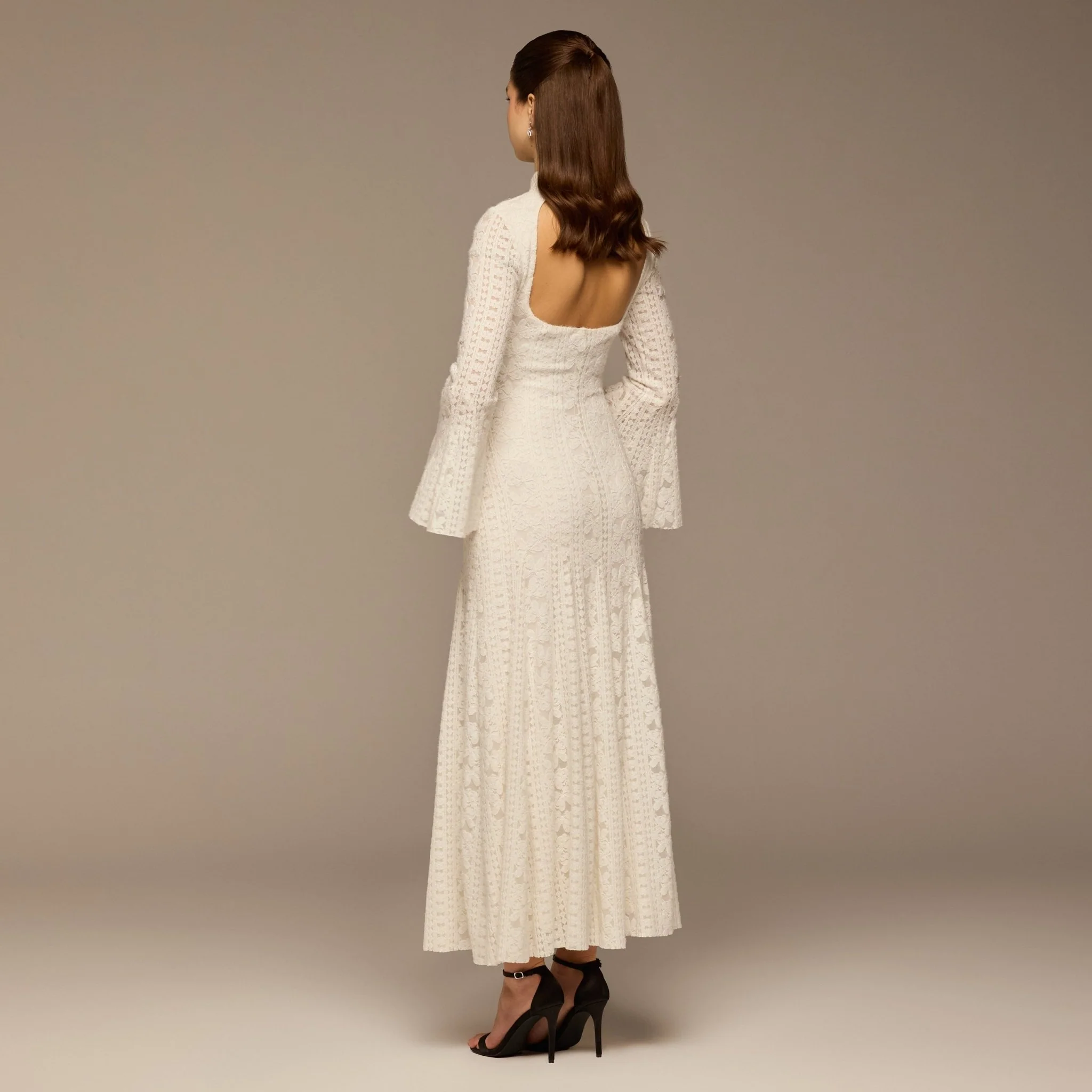 White Long Flared Sleeve Lace Dress with Open Back - Image 3