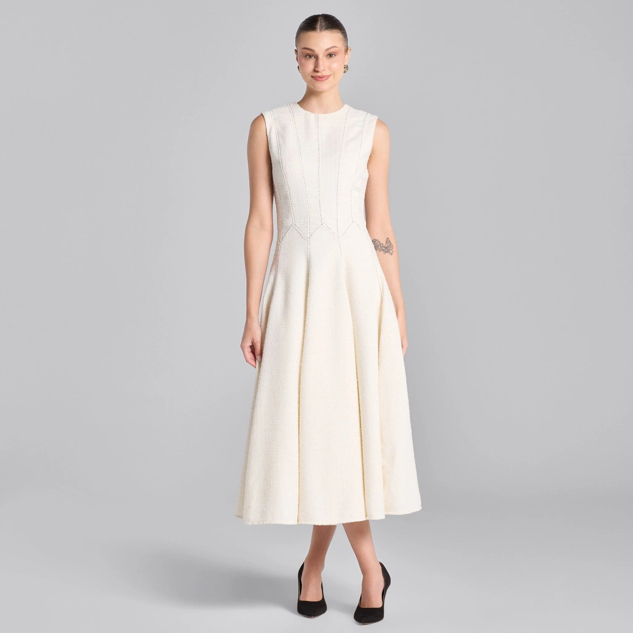 White Stitched A-line Twill Midi Dress