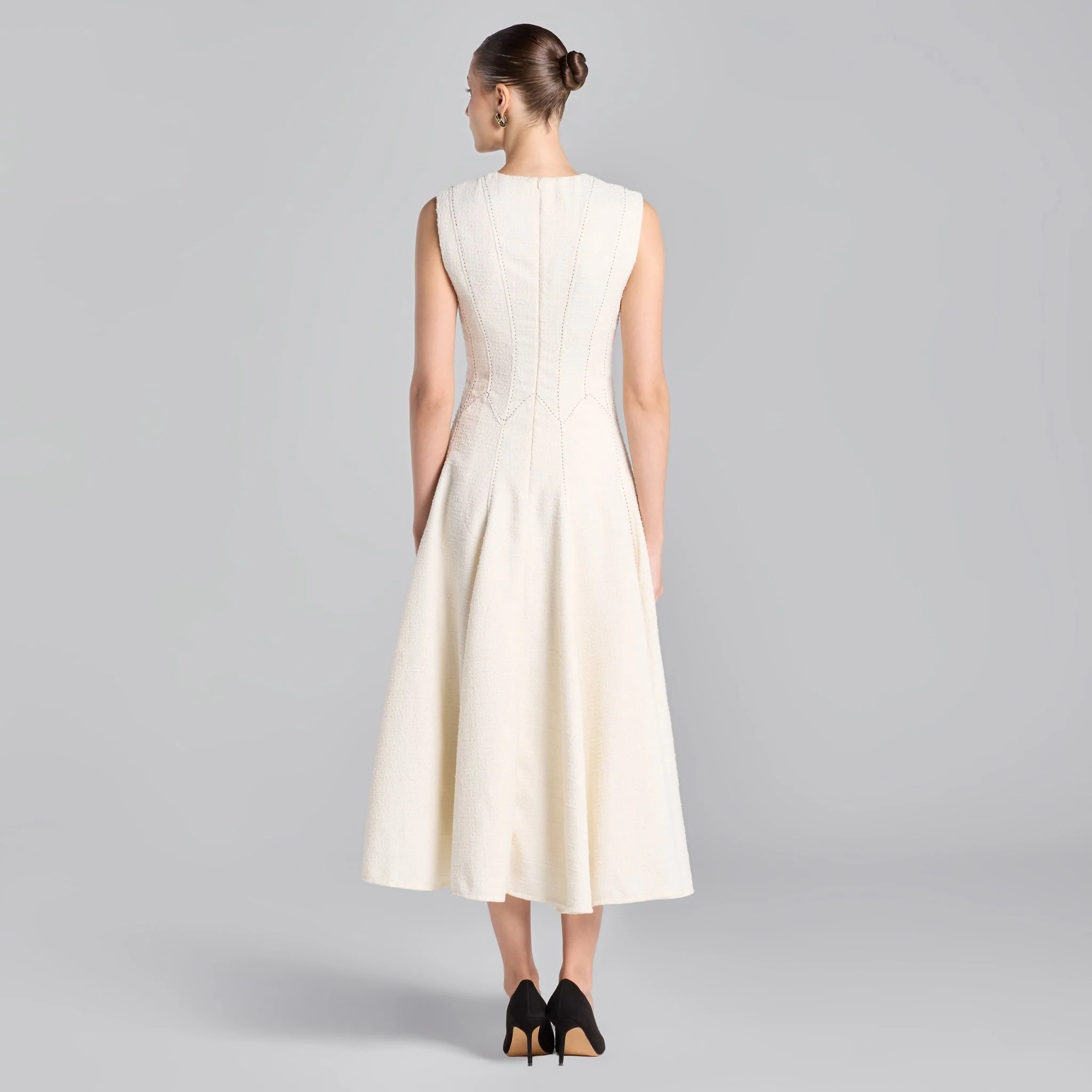 White Stitched A-line Twill Midi Dress - Image 4